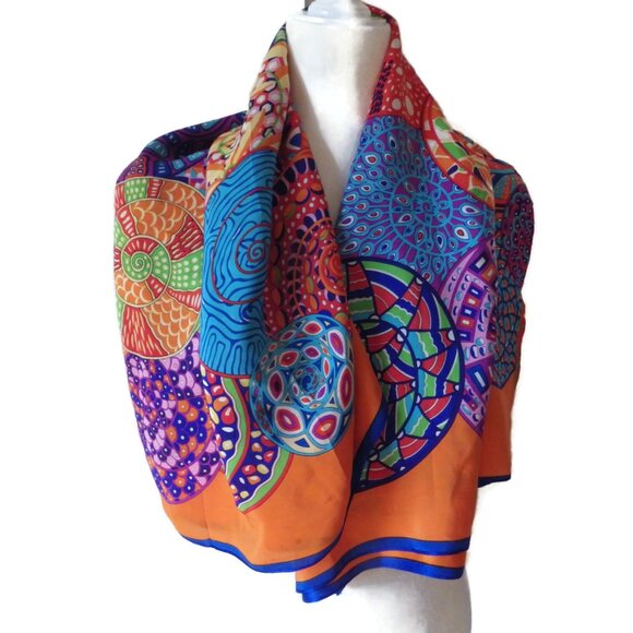 Stunning Extra-Large Silk Scarf/ Wrap/ Bright Colors/ 43" X 43" - Picture 3 of 7